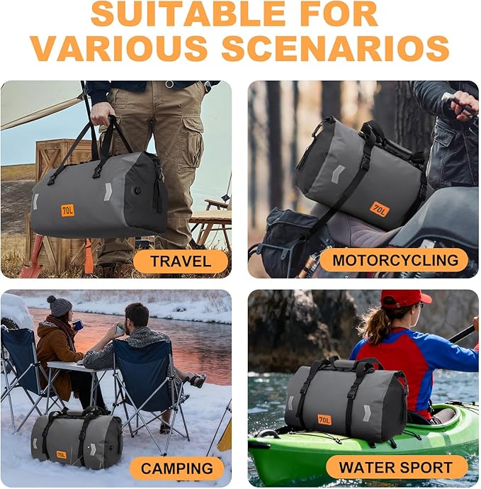 Waterproof Duffel Bag, 70L Roll-top Motorcycle Dry Bag with Air Valve & Quick-fixed Straps, Travel Duffle Bags for Kayaking Paddle Boarding Rafting Boating Camping Riding Fishing - Grey