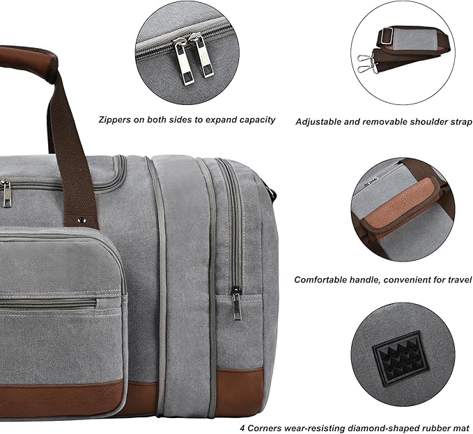 Litvyak Duffle Bag for Travel, 50L Canvas Travel Duffel Bags Overnight Weekend Gym Carry On Luggage Bag for Men & Women(Grey+Toiletry Bag)