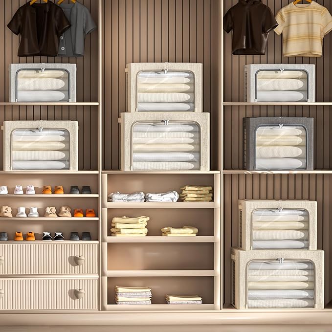 4 Pack Clothes Storage Bins with Metal Frame - Linen Fabric Foldable Stackable Container Organizer Set with Clear Window & Carry Handles & Zippers (Light Grey, 15.7"x11.8"x7.8")