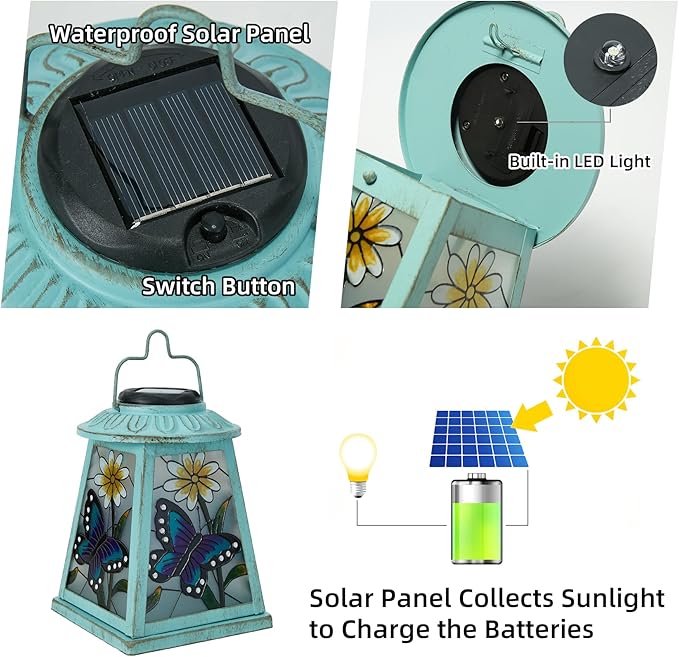 Butterfly Solar Lantern with Shepherd Hook, Outdoor Hanging Metal LED Garden Light Waterproof for Patio Yard Pathway, Unique Butterfly Lantern Decor and Meaningful Garden Gift for Mom Grandma Women