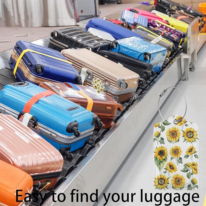 Watercolor Floral Sunflowers 2-Pack Luggage Tags for Suitcases,Leather Baggage Tag with Loop, Tags Private Name ID Labels for Women Girl Men Boys Travel Baggage Suitcase