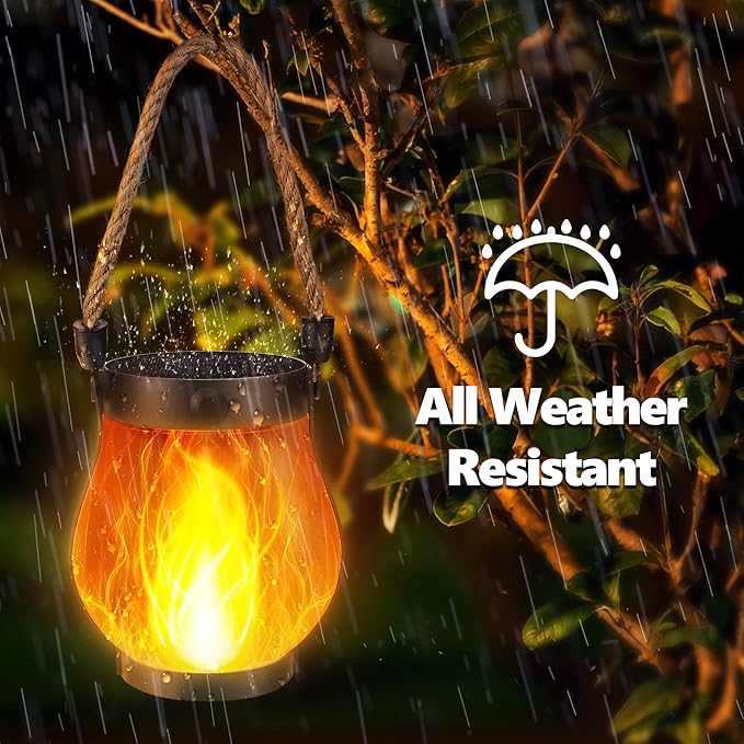Solar Flame Lantern Hanging Outdoor Waterproof Purple - 2 Pack Flame Lanterns with Dual Charging Modes of Solar & USB for Garden or Yard Christmas Decorations (Warm White - 2 Pack)