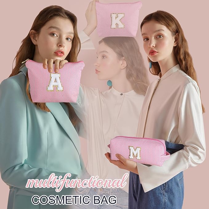 YOOLIFE Personalized Initial Makeup Bag for Women | Pink Cosmetic Travel Toiletry Bag | 11 12 13 14 15 16 Years Old Girl Gifts | Preppy Stuff Teen Girl Gift Trendy Stuff A