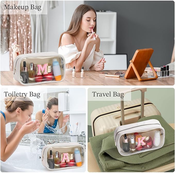YOOLIFE Initial Make Up Bag Travel Toiletry Bag, Clear Makeup Bag Preppy Cosmetic Bag Clear Makeup Bags With Zipper Girlfriend Teacher 6 Year Old Girl Gifts Daughter Gifts Swim Gifts For Girls White P