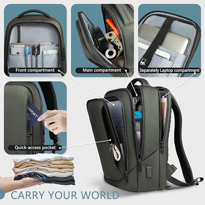 hk Laptop Backpack for Men with USB Charging Port Water-Resistant for 15.6 Inch Computer Bag Durable High-Tech Daypack Casual Backpack for Business Work College Weekender Travel- Green