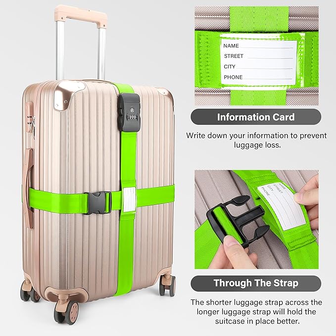 Luggage Straps, Green TSA Approved Luggage Strap Belt with Combination Lock for Suitcases, 2 Pack Adjustable Heavy Duty Cross Suitcase Straps with Name Tags for Travel, Carry On Bags, Protect Luggage
