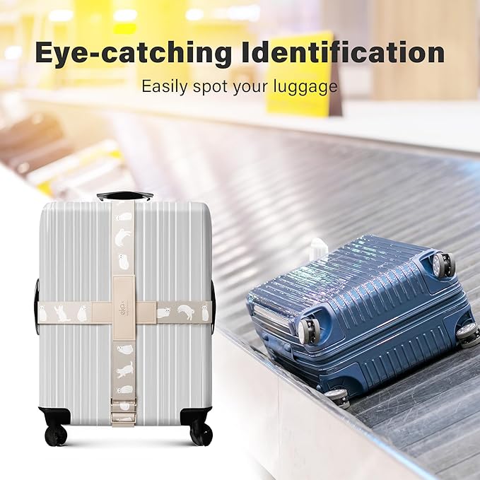 Luggage Straps for Suitcases,Adjustable Luggage Elastic Belt, Travel Essentials for Airport,Station, Vibrant Designs, White Cat