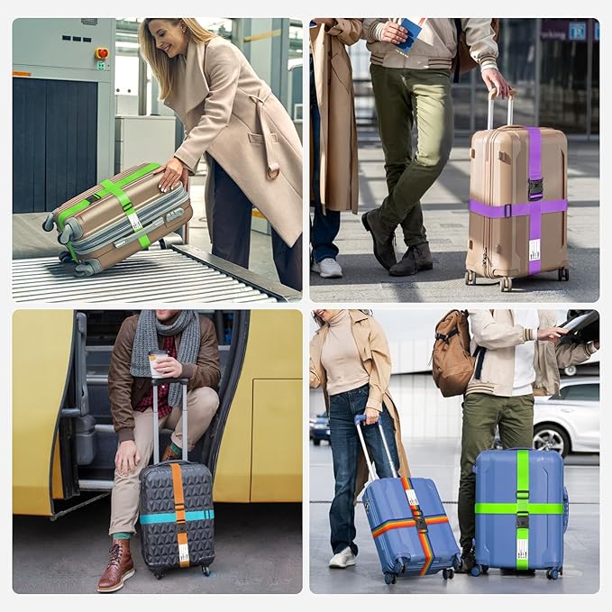 BILIONE Luggage Straps 88 inch Adjustable Suitcase Belt, Lockable Against Accidental Opening, Easy to Identify Travel Accessories, Add a Bag Connector Holds Suitcase Together (Energetic Green, 2)
