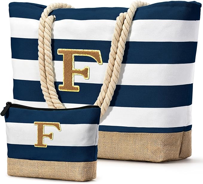 Becokan Beach Bag Initial Beach Tote with Makeup Bag for Travel Work Storage Personalized Birthday Gifts for Women Her