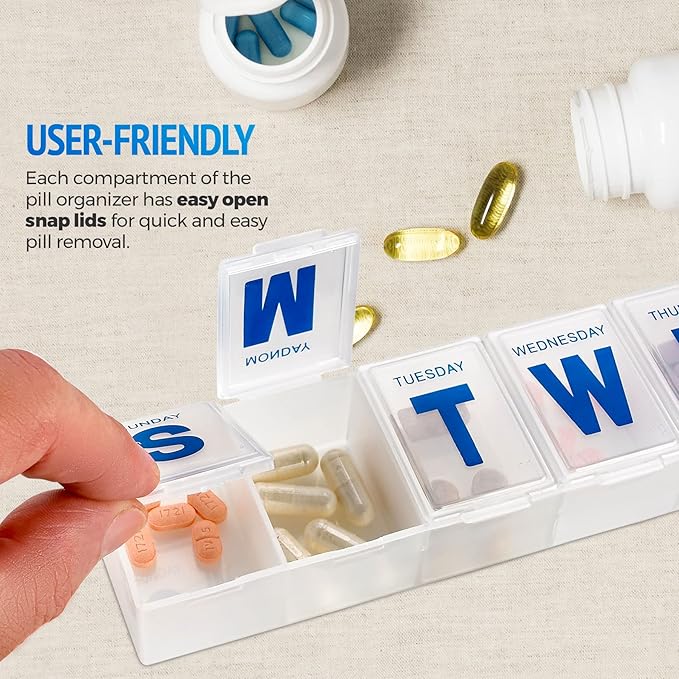 Weekly Pill Organizer - 7-Day Pill Planner Extra Large Pill Planner and Daily Pill Organizer and Medicine Reminder, Monday to Sunday Compartments - BPA Free - Travel Pill Box Case (Pack of 4)