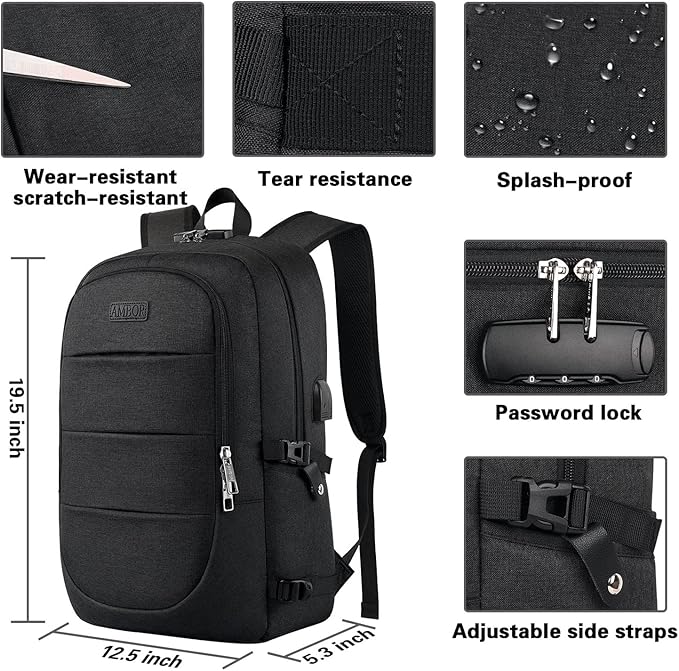 AMBOR Travel Laptop Backpack for Ｍen, 15.6-17.3 inch Laptop Backpack for School, Anti Theft Business Work Backpack with USB Charging Port, Water Resistant College Computer Bag for Men & Women, Black