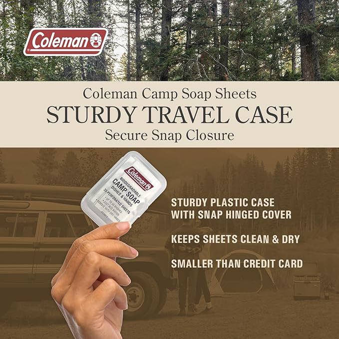 Coleman Camp Soap Sheets – 25 Travel Soap Sheets for Camping, Hiking & Backpacking – Perforated for 50 Washes, Dissolves Instantly in Hot or Cold Water, TSA-Approved for Travel