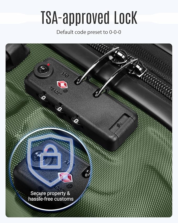 LIGHT FLIGHT Luggage Sets, 3 Piece Durable Suitcase Set with Spinner Wheels, 3 Pcs Hardside Lightweight luggage with TSA Lock, Large Checked Travel Suitcases, 20/24/28 Inch, Pine Green