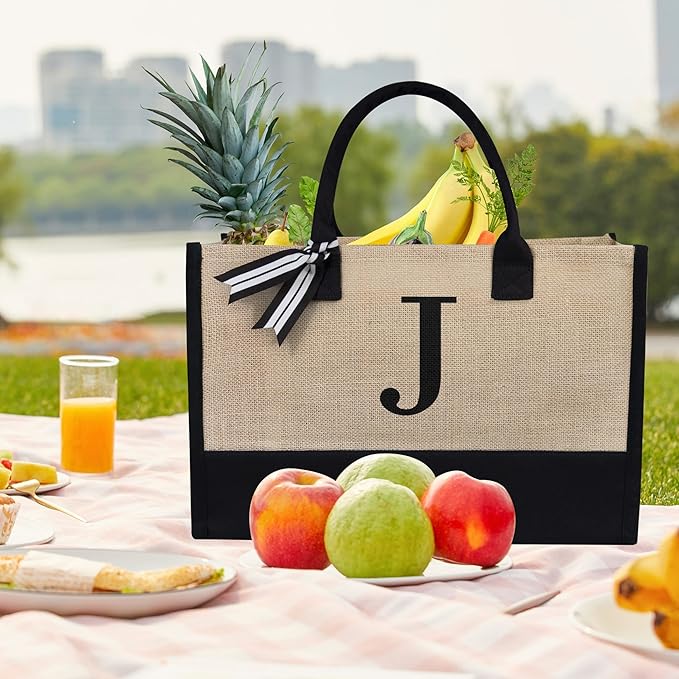 TOPDesign Initial Jute/Canvas Tote Bag, Personalized Present Bag, Suitable for Wedding, Birthday, Beach, Holiday, is a Great Gift for Women, Mom, Teachers, Friends, Bridesmaids (Letter J)