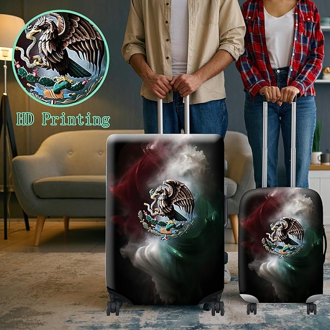 Luggage Cover + Tag, Mexican Flag Eagle Travel Suitcase Protector for 22-24 inch Luggage (M) with Concealed Zipper, Washable Elastic Cloth, Dustproof, Anti-Scratch