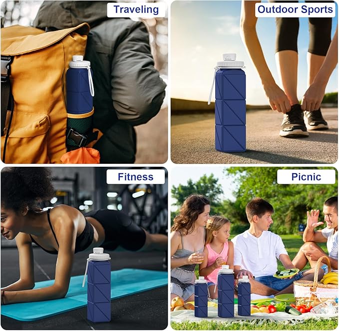 3 pack Collapsible Water Bottles,Silicone Foldable Portable Water Bottle 20.6oz, Lightweight Reusable Leakproof for Travel Hiking Camping Cycling Workouts Yoga Fitness Indoor Outdoor Sports