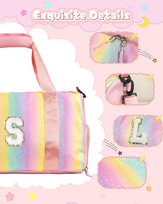 Girls Cheer Up Gifts-Girl Gym Bag with Shoe Compartment, Kid Personalized Weekender Dance Bags, Initial Travel Tote with Makeup Pouch, Graduation Gift for Niece Kids Daughter (Letter K)