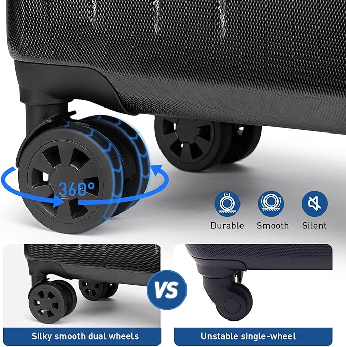 KYME Suitcase Hardshell With Double Spinner Wheels, PC+ABS TSA Lock Travel Luggage (Black, 2Pcs Set(20"/24"))