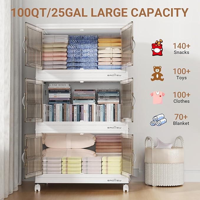 BROVIEW 400Qt Stackable Storage Bins with Lid, Extra Large Closet Organizer Collapsible Drawer Boxes with Wheels, Folding Plastic Cabinet Containers for Home Kitchen Room Organization, 4Pack White