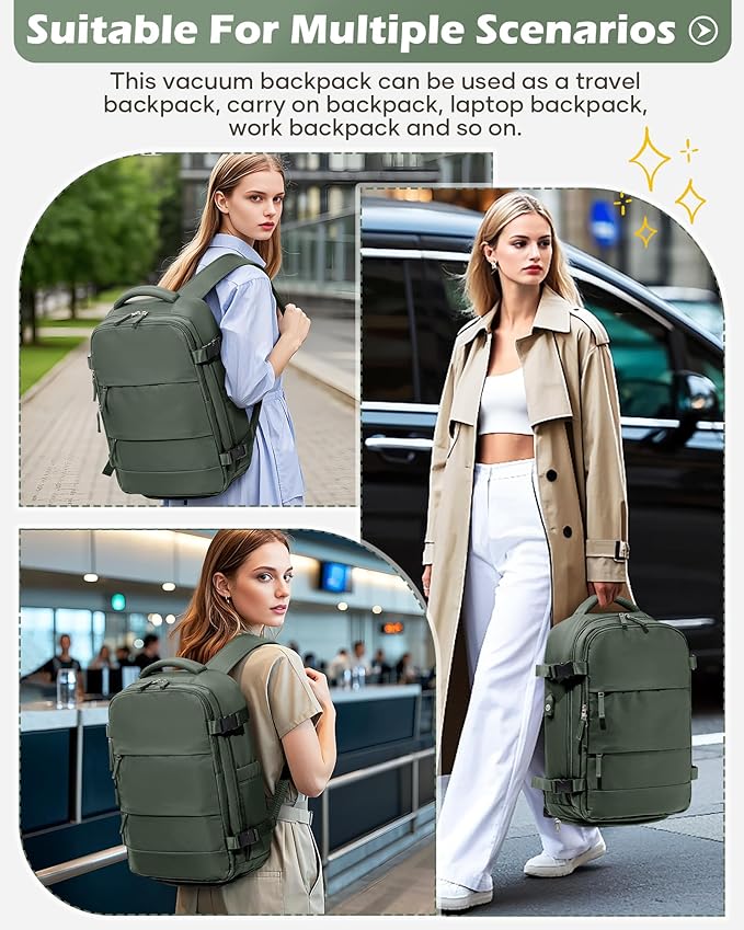 Vacuum Backpack Travel Laptop Backpacks For Women Men Carry On Backpack With Vacuum Compression Bags Seal Packing Personal Item Travel Bag Vacpack Backpacks Without Pump Olive Green
