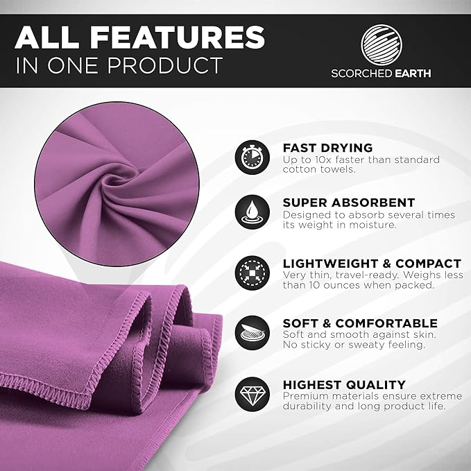 ScorchedEarth Microfiber Travel & Sports Towel Set - Quick Dry, Super Absorbent, Compact, Lightweight - for Camping, Backpacking, Hiking, Beach, Yoga, Swimming - Includes 2 Sizes + Carrying Bag & Clip