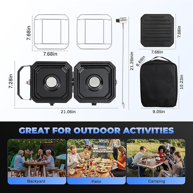 2-Burner Foldable Camping Stove with Griddle and Carrying Bag，16000 BTU Portable Propane Camp Stove with 2 Adjustable Burners & Piezo Ignition, for Camping, Home Backyard, Frying Turkey, Green