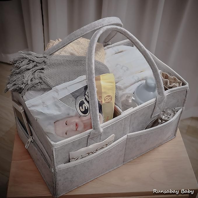 Runsabay. Nursery Basket-Baby Diaper Caddy Organizer for Changing Table-Portable Holder Tote Bag-Car Organizer with Removable Divider-Best Shower Gift Basket for Newborns Registry- Grey & Large Size