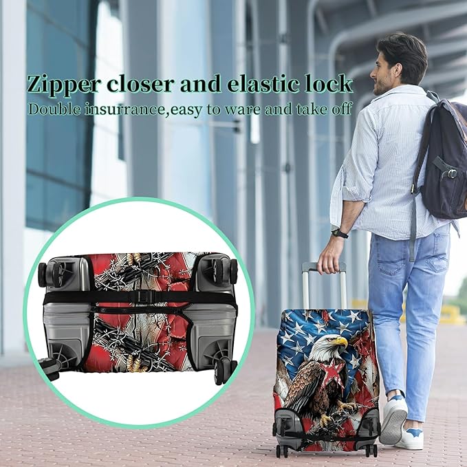 Luggage Cover + Tag, Eagle American Flag Travel Suitcase Protector for 29-30 inch Luggage (XL) with Concealed Zipper, Washable Elastic Cloth, Dustproof, Anti-Scratch