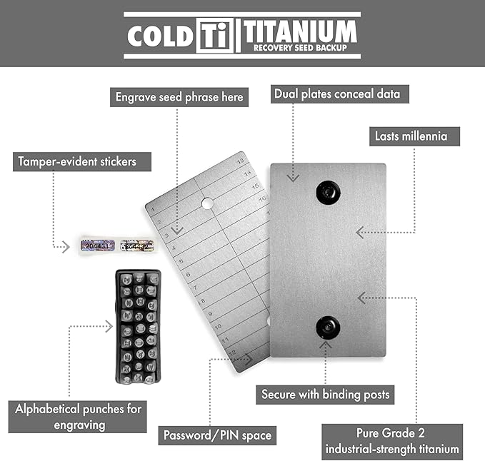 ColdTi - Titanium Bitcoin Seed Plates for Ultra-Secure Crypto Seed Phrase Storage (2 Plates, Punch Set & Seals) - Premium Seed Phrase Metal - Alphabetic Punch Set Included