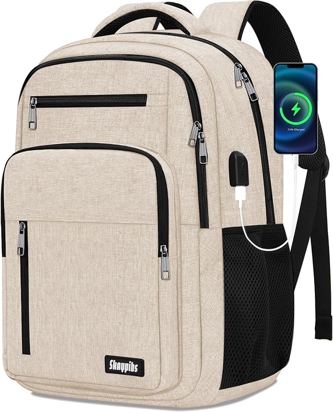 Beige Backpack for Men Women, School Backpack for Boys Girls Teens, 15.6 Inch Laptop Backpacks with USB Port, Water Resistent Book bag, Work College Bookbag, back pack, Mochila para hombre