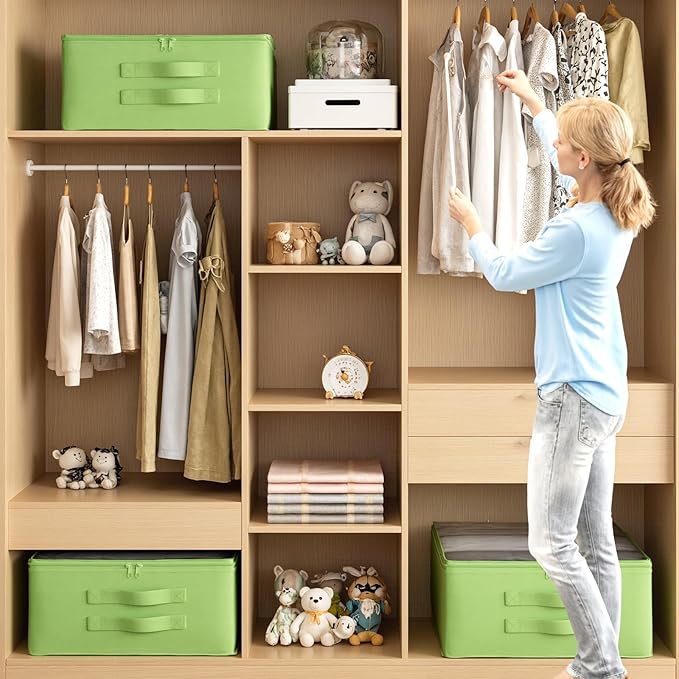 Clothes Storage Bags, Foldable Thick Fabric Blanket Storage Bags, Large Clear Window & Carry Handles, Great for Clothes, Blankets, Closets, Pillows, Toys (Green, Extra-2Pack)