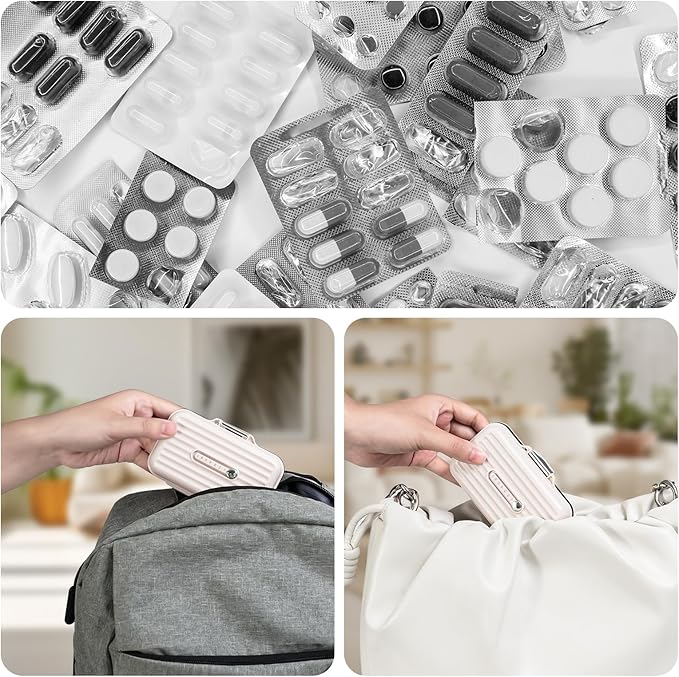 Travel Pill Organizer Box with Medicine Labels, 7 Compartments Portable Pill Case, Daily Medication Organizer Storage Pill Container for Pocket Pharmacy(Pearly White, L)