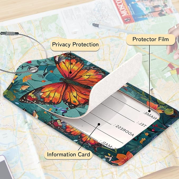3 Pack Vintage Butterfly Wildflower Luggage Tags for Suitcases,Cute Leather Name Tag with Privacy Cover with Stainless Steel Loops, Travel ID Bag Tags for Women Men