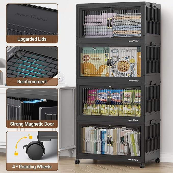 BROVIEW 500Qt Stackable Storage Bins with Lid, Extra Large Closet Organizer Collapsible Drawer Boxes with Wheels, Folding Plastic Cabinet Containers for Home Kitchen Room Organization, 5Pack Black
