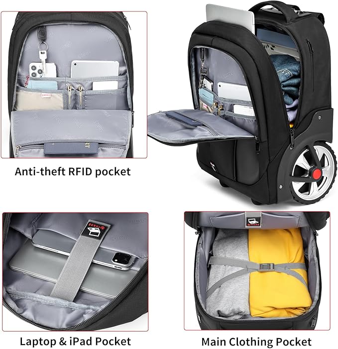 Rolling Backpack,Waterproof Backpack with Wheels for Business and Travel Commuter, Carry on Backpack with Laptop Compartment, Fit 17 Inch Laptop, Wheeled Backpack for Adults
