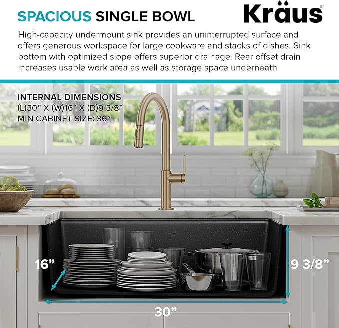 Kraus KGUW2-33MB-100-100, Bellucci Workstation 32 in. Undermount Granite Composite Single Bowl Kitchen Sink in Metallic Black with WasteGuard 1 HP Continuous Feed Garbage Disposal and Accessories