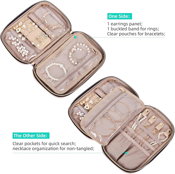 NISHEL Travel Jewelry Case, Holiday Organizer for Necklaces, Earrings, Rings, Bracelets, Watch, Pink
