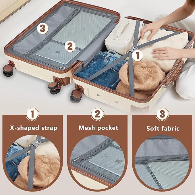 Luggage Sets, Suitcase with Spinner Wheels, PC+ABS Hardshell Travel Luggage Set with TSA Locks,Lightweight Rolling Luggage，Carry on suitcase with YKK Zippers(Beige, 6 piece set(14/20/24/28/DB/TB))