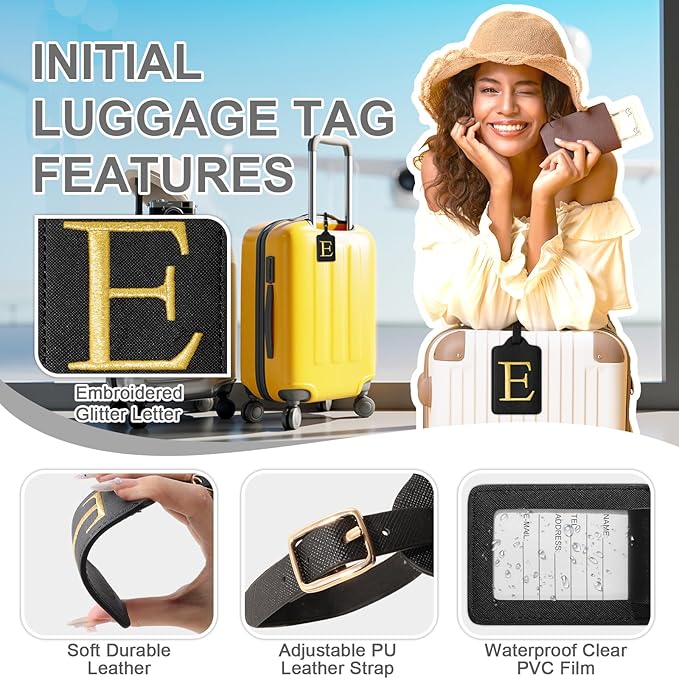 Personalized Initial Luggage Tags for Suitcase TSA Approved, Black Leather Cute Luggage Tag with Privacy Cover Name Card, Embroidered Custom Luggage Tags Travel Backpack Tags Gifts for Women Kids(E)
