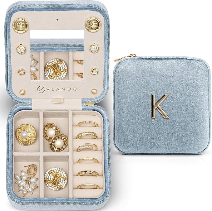 Vlando Preppy Stuff Jewelry Holder Organizer, Preppy School Supplies for Teens Girl Gifts Trendy Stuff, Preppy Jewelry Travle Case for Teens Girls, Birthday Gifts for Daughers - Letter K, Blue