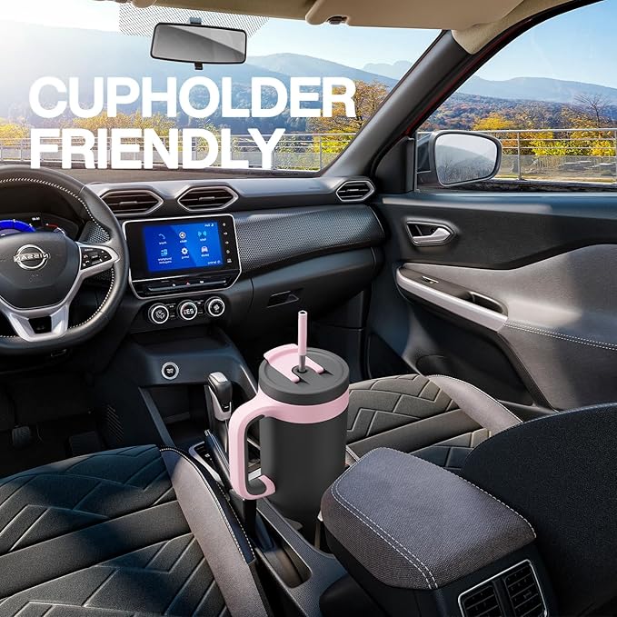 POWCAN 40 oz Tumbler with Handle, 2-in-1 Straw and Sip Lid, Leakproof, Dishwasher Safe, Insulated Stainless Steel Travel Coffee Mug, Keeps Cold for 34 Hours, Fits in Car Cup Holder (Petal)