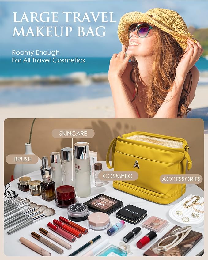 Senior Gifts, Initial Makeup Bag, Travel Gifts, Personalized Bags, Waterproof Double Layer Cosmetic Bag, Large Capacity PU Leather Makeup Bags Letter Travel Toiletry Bag, Friend Gifts