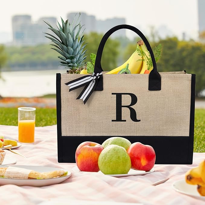 TOPDesign Initial Jute/Canvas Tote Bag, Personalized Present Bag, Suitable for Wedding, Birthday, Beach, Holiday, is a Great Gift for Women, Mom, Teachers, Friends, Bridesmaids (Letter R)