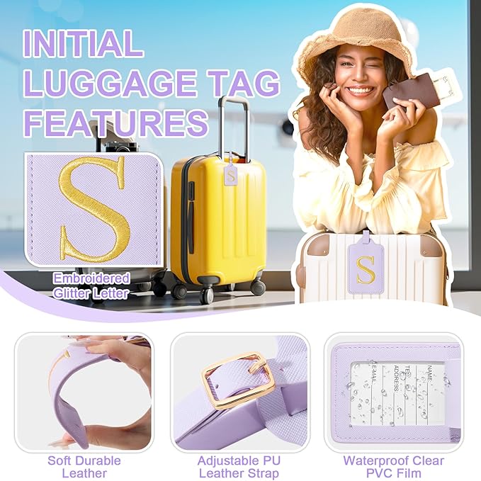 Personalized Initial Luggage Tags for Suitcase, Purple Leather Cute Luggage Tags with Privacy Cover Name Card, Embroidered Custom Monogrammed Luggage Tag Travel Backpack Tags Gifts for Women Kids(S)
