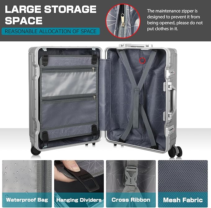 AnyZip Luggage Aluminium Frame Suitcase Hard Shell TSA Lock No Zipper 24In Silver