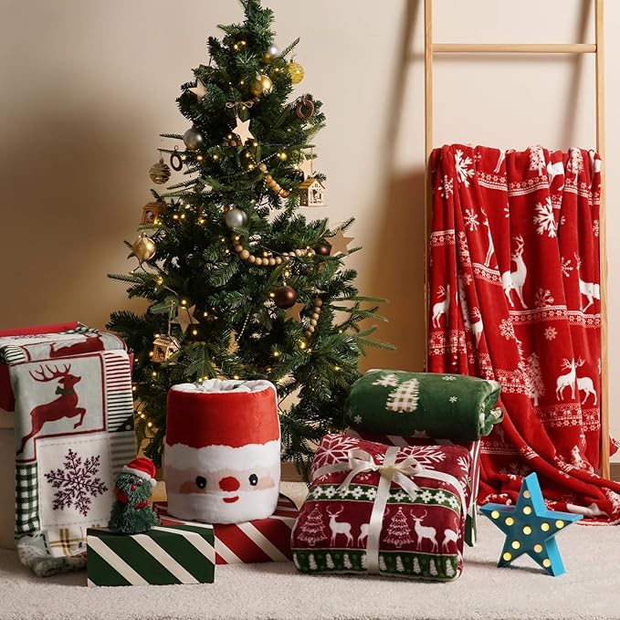 PHF Printed Fleece Blanket Twin Size, No Shed No Pilling Ultra Soft Plush Cozy Xmas Prints Theme Home Décor Flannel Blanket for Bed, Sofa, Couch and Gift, 66" x 90", Retro Christmas