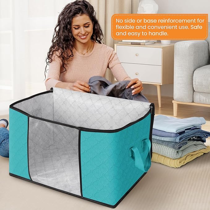 Fab totes 24 Gallons Clothes Storage, Foldable Thick Fabric Blanket Storage Bags, Containers for Organizing Bedroom, Closet, Clothing, Comforter, Organization with Handle (8 Pack,Green)