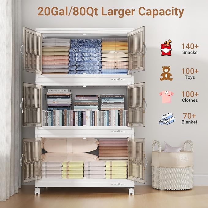 BROVIEW 320Qt Stackable Storage Bins with Lid, Extra Large Closet Organizer Collapsible Drawer Boxes with Wheels, Folding Plastic Cabinet Containers for Home Kitchen Room Organization, 4Pack White
