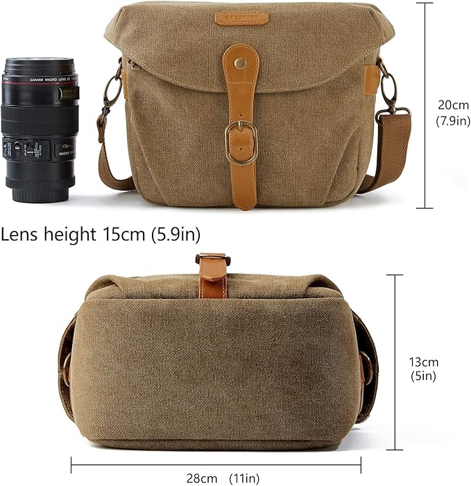 BAGSMART Camera Bag, SLR DSLR Canvas Crossbody Camera Case, Compact Camera Shoulder Bag with Rain Cover for Women and Men, Khaki