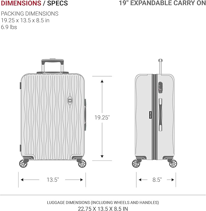 SwissGear 7272 Energie Expandable Hardside Luggage with Spinner Wheels and TSA Lock, White, Carry-On 19-Inch